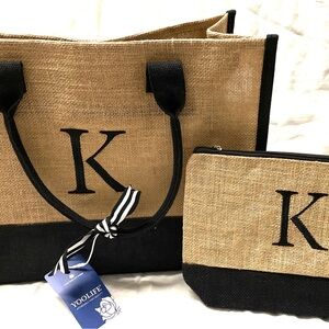 Personalized “K” burlap tote bag w/small extra make up bag brand new with tags